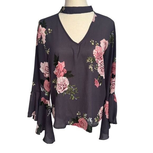 Live 4 Truth Gray Pink Floral Long Wide Sleeve V Neck Lightweight Blouse size m - Picture 3 of 13